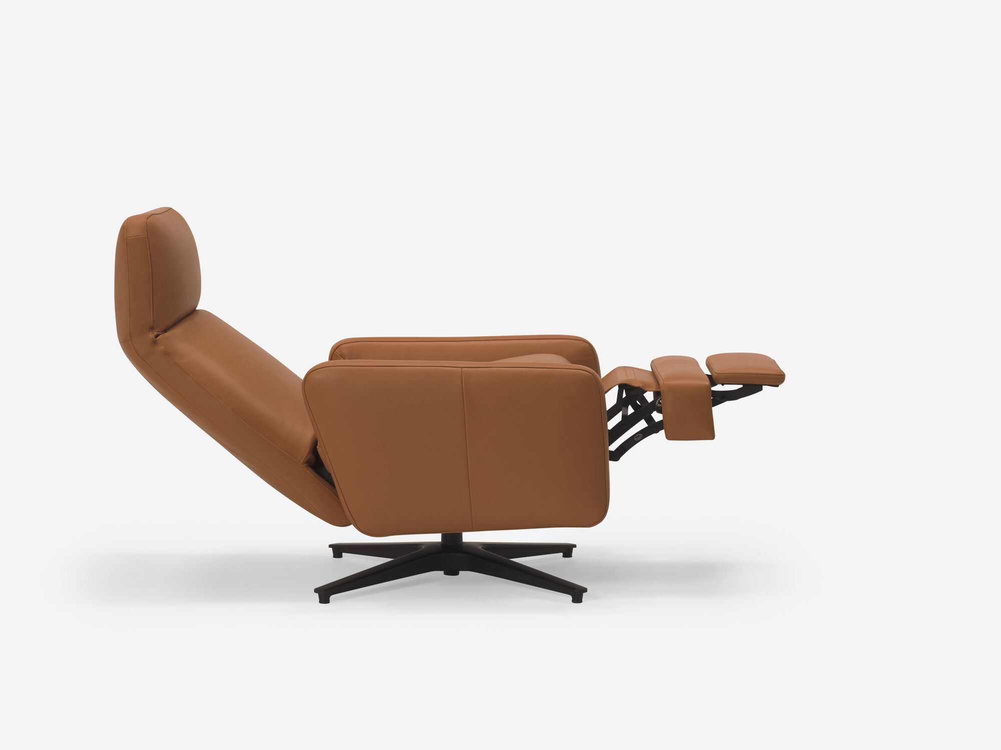 Brown leather reclining chair with seat reclined side view